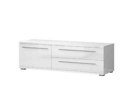 Comoda TV cu 1 usa si 2 sertare PIANO WHITE 150x46x45cm alb lucios, manere si picioare crom