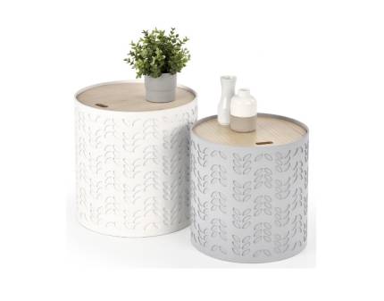Set 2 masute ALBA cu spatiu pentru depozitare, din metal alb / gri, MDF nuanta lemnului 35xH35cm / 39xH40cm