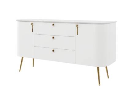 Comoda cu 2 usi si 3 sertare GALET 158x82x47cm alb mat, picioare si manere auriu neon 