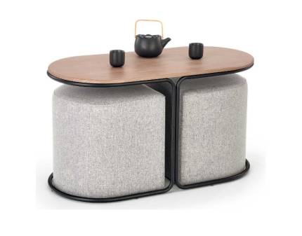 Masuta cu 2 tabureti PAMPA din MDF furniruit nuanta lemnului, metal negru 88x43xH49cm