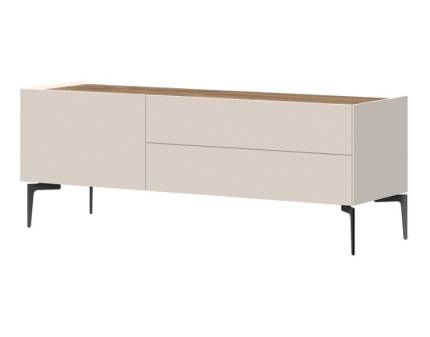 Comoda TV cu picioare negre, 1 usa si 2 sertare SKY 45 147x37x47cm casmir/ stejar tabac