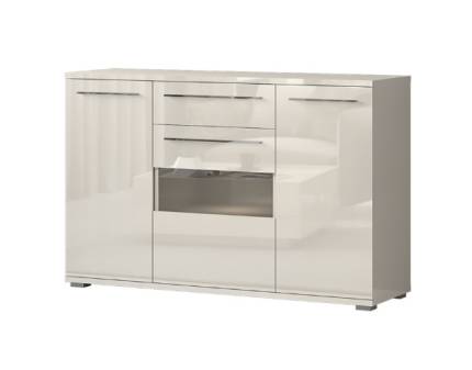 Comoda cu 3 usi si 1 sertar PIANO BEIGE 150x85x45cm bej lucios - sticla, manere si picioare crom