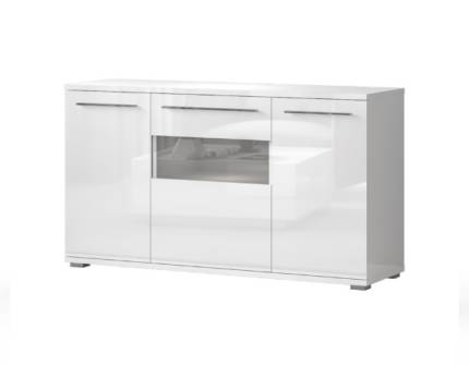Comoda cu 3 usi cu sticla PIANO WHITE 150x85x45cm alb lucios - sticla, manere si picioare crom