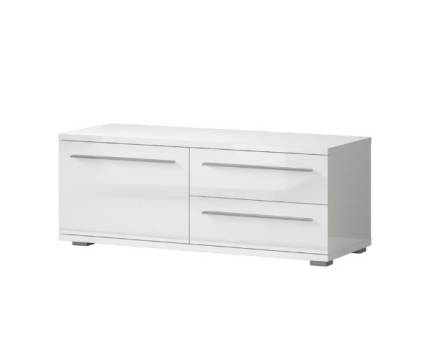Comoda TV cu 1 usa si 2 sertare PIANO WHITE 120x46x45cm alb lucios, manere si picioare crom