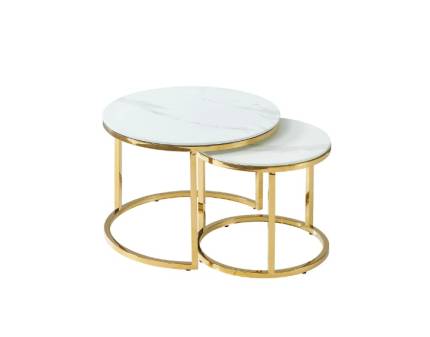 Set 2 masute MUSE II WHITE din sticla cu efect de marmura alba, metal auriu 45xH40cm / 60xH45cm