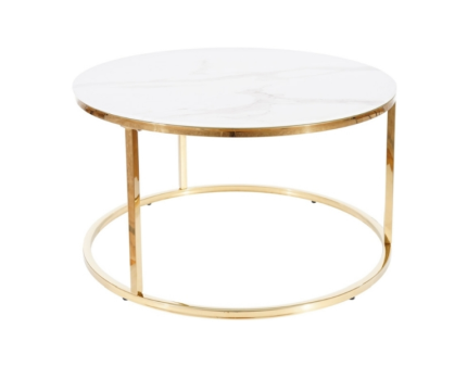 Masuta SABINE din sticla cu efect de marmura alba, metal auriu 80xH45cm