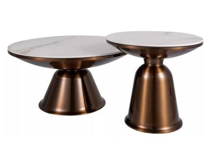 Set 2 masute VERA din ceramica cu efect de marmura alb lucios, cadru metalic cupru lucios 75xH41cm / 50xH49cm