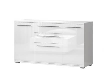 Comoda cu 3 usi si 2 sertare PIANO WHITE 150x85x45cm alb lucios, manere si picioare crom