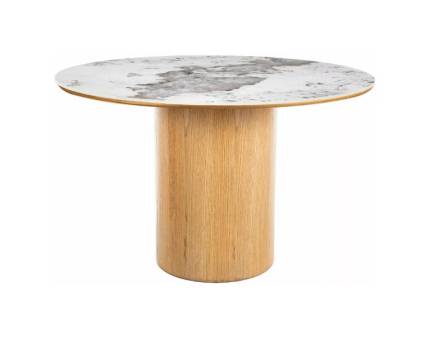 Masa RONDO PANDORO din MDF + ceramica Pandoro alb lucios, furnir natural nuc 120xH76cm