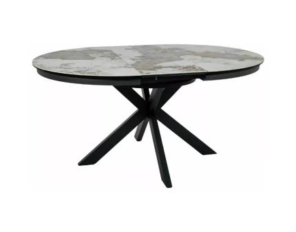 Masa extensibila PORTO CERAMIC PANDORO din sticla securizata si ceramica Pandoro alb lucios, metal negru mat 120-160xH76cm 