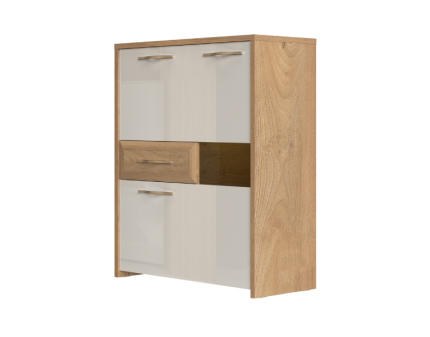 Vitrina lata cu 3 usi si 1 sertar GALA 96x115x41cm bej lucios/ nuc Pacific 