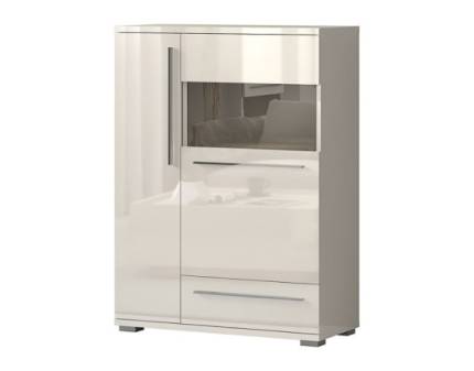 Vitrina lata cu 2 usi cu sticla si 1 sertar PIANO BEIGE 90x123x40cm bej lucios - sticla, manere si picioare crom