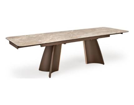 Masa extensibila VESNA din sticla si ceramica cu efect de marmura bej, otel vopsit maro 180-260x90xH76cm
