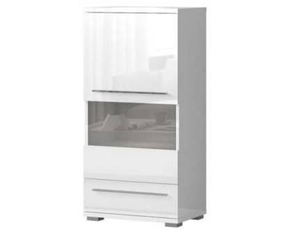 Vitrina medie cu sticla si 1 sertar PIANO WHITE 60x123x40cm alb lucios - sticla, manere si picioare crom